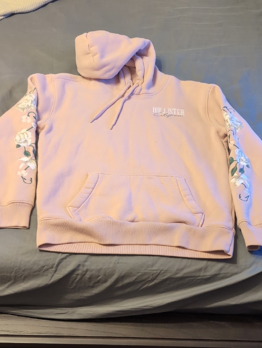 Hollister Blush Pink Hoodie with Embroidered Floral Sleeves